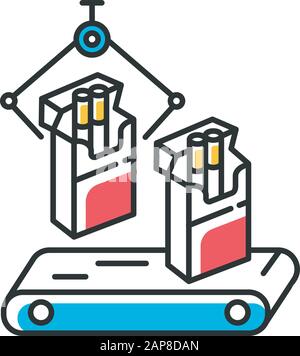 Icona del colore dell'industria del tabacco. Linea di produzione automatica di sigarette del convogliatore. Prodotti per fumatori pianta. Produzione in fabbrica di confezioni di sigarette Illustrazione Vettoriale