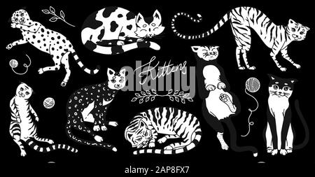 Collezione di gatti. Lavare, giocare e dormire animali. Carino divertente gattino Domestico su uno sfondo nero. Disegno inciso a mano per banner o t. Illustrazione Vettoriale