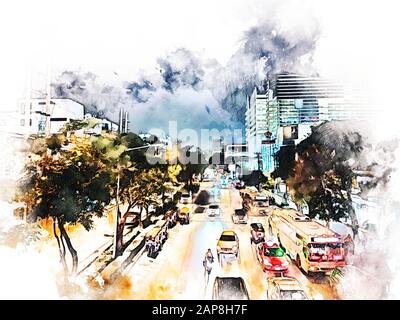 Auto astratta in strada e costruzione su sfondo dipinto illustrazione acquerello. Foto Stock