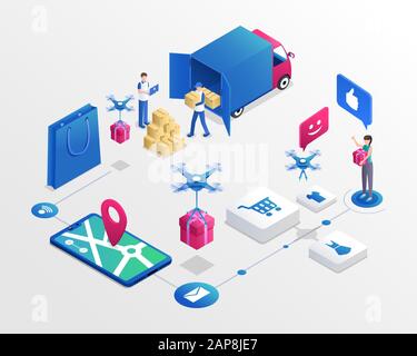 Illustrazione vettoriale isometrica del sistema di shopping su Internet. Addetti al servizio di consegna e personaggi cartoon felici dei clienti. Drone consegna acquisto, trasporto moderno business, e shopping concetto Illustrazione Vettoriale