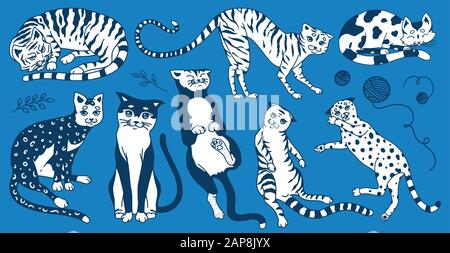 Collezione di gatti. Lavare, giocare e dormire animali. Carino divertente gattino Domestico su uno sfondo blu. Disegno inciso a mano per banner o t. Illustrazione Vettoriale