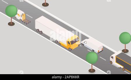 Camion e furgoni su autostrada illustrazione isometrica. veicoli da carico 3d, mezzi di trasporto, concetto di traffico stradale. Spedizione pacchi internazionali, azienda logistica Illustrazione Vettoriale