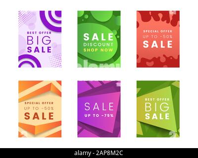 Set di modelli di poster vettoriali per grandi vendite. Design pubblicitario di moda per lo spazio del negozio. Mega sconti promo, prezzo speciale offre banner creativi collezione su sfondi geometrici astratti Illustrazione Vettoriale