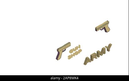 Pistola negozio piatto banner modello vettore. Armamento militare e munizioni commercio al dettaglio, negozio di armi, vendita di armi da fuoco pubblicità poster design. Pistole, pistole illustrazione isometrica con tipografia Illustrazione Vettoriale