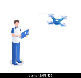 L'illustrazione del vettore isometrico del quadrocottero di controllo. Giovane uomo con laptop che usa il personaggio dei cartoni animati di un aereo senza equipaggio. Innovazione dei servizi di consegna, tecnologia wireless, preparazione delle corse dei droni Illustrazione Vettoriale