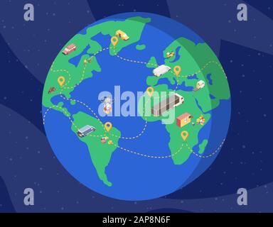 Illustrazione isometrica del servizio di consegna globale. Pianeta terra nello spazio con veicoli cargo cartoon, droni che trasportano scatole in tutti i continenti. Azienda logistica, spedizione internazionale di merci Illustrazione Vettoriale