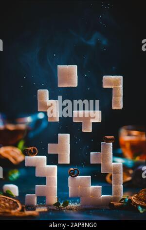 Tetris con cubetti di zucchero, fotografia creativa di cibo Foto Stock