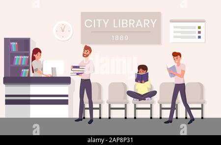 Visita alla biblioteca della città, illustrazione di un vettore piatto. Uomo bearded che prende in prestito libri personaggio cartone animato. Studenti che rivederano per gli esami, studenti che tengono libri di testo in biblioteca pubblica, ragazza immersa nel romanzo Illustrazione Vettoriale