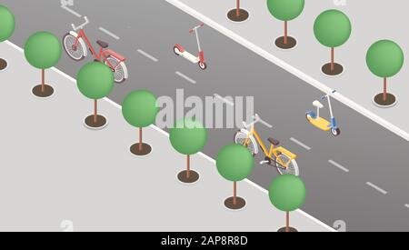 Illustrazione vettoriale isometrica per trasporto eco-compatibile. Biciclette e scooter senza conducente su strada vuota. Veicoli ecologici, concetto di trasporto alternativo, mezzi di trasporto urbani Illustrazione Vettoriale