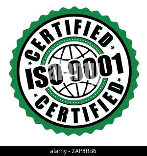 Etichetta o adesivo certificato ISO 9001 su sfondo bianco, illustrazione vettoriale Illustrazione Vettoriale
