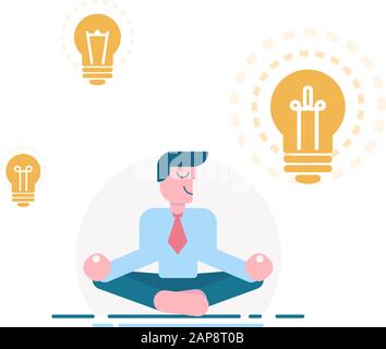 Meditando l'uomo d'affari con idea, illustrazione vettoriale. Personaggio cartone animato uomo su sfondo bianco. Consapevole, calma, sorridente visionario, idea di business. Lig Illustrazione Vettoriale