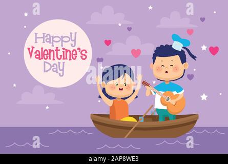 i bambini adorabili si accoppiano in canoa con la carta da giorno valentines Illustrazione Vettoriale