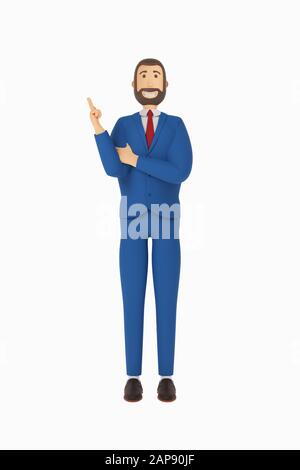 Giovane uomo d'affari con la barba. Personaggio dei cartoni animati, uomo d'affari vestito. rendering 3d Foto Stock