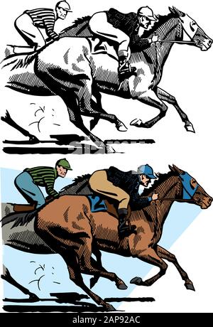 Due jockeys sui loro cavalli competono in una gara. Illustrazione Vettoriale