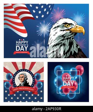 poster happy presidenti di giorno con scene set Illustrazione Vettoriale