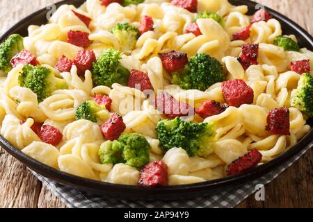 Gustosa pasta orecchiette con broccoli e salsicce alla griglia in una salsa cremosa da vicino in un piatto sul tavolo. Orizzontale Foto Stock