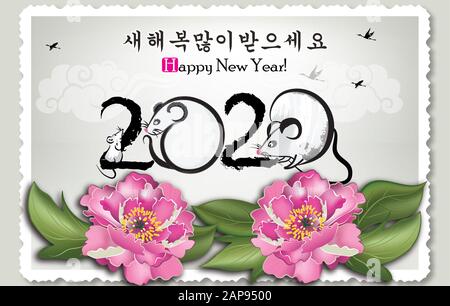 Il coreano biglietto di auguri per il nuovo anno del ratto 2020 celebrazione. Il messaggio (Felice anno nuovo) è scritto in inglese e coreano. Foto Stock