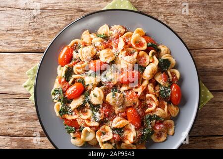 Porzione di orecchiette con spinaci in salsa di pomodoro cosparsa di parmigiano in un piatto sul tavolo. Vista dall'alto orizzontale Foto Stock