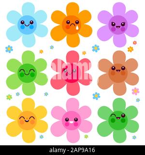 Cartoni animati floreali di emoji. Carini personaggi di fiori di cartoni animati. Set di adesivi Daisy Flowers con divertenti volti sorridenti del cartone animato, allegri personaggi della camomilla. Foto Stock