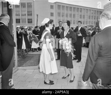 Queen Juliana visite Rotterdam Descrizione: Visita all'ospedale Dijkzigt; un infermiere offre fiori alla regina; sindaco di sinistra Van Walsum di Rotterdam Data: 24 ottobre 1959 Località: Rotterdam, Zuid-Holland Parole Chiave: Visite, fiori, sindaci, regine, infermieri, ospedali Nome personale: Juliana (regina Olanda), Walsum, G.E. van Foto Stock