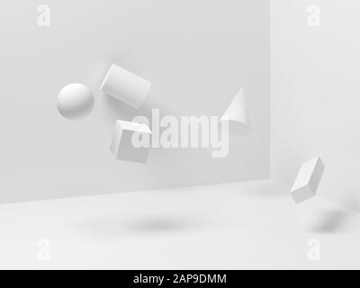 Astratto bianco ancora vita installazione con levitating forme geometriche primitive. Immagine a gravità zero, rendering 3d Foto Stock