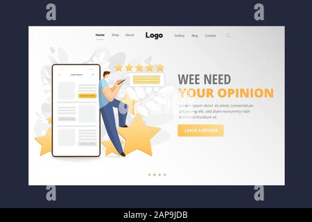 Feedback, sondaggio vettore piano landing page concetto con persone, uomo in piedi su stelle di valutazione grande, la scrittura di recensioni e commenti sul servizio o. Illustrazione Vettoriale