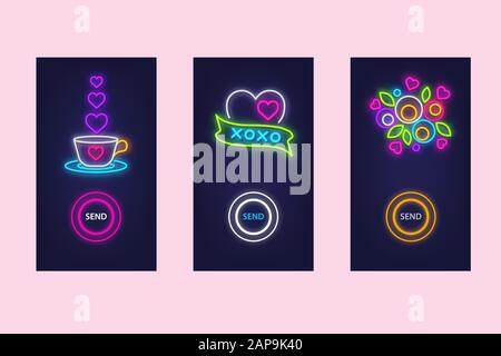 Ama il set di app mobili con icone a incandescenza al neon. Amore virtuale. Progettazione dell'interfaccia utente. Vettore. Illustrazione Vettoriale