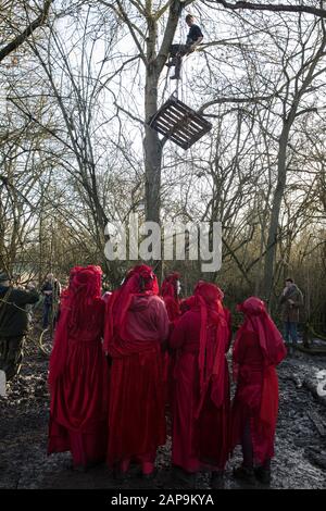 Harefield, Regno Unito. 18 Gennaio 2020. La Brigata Red Rebel osserva una protezione della terra che tira un pallet su un albero dopo gli attivisti dall'estinzione Rebellio Foto Stock