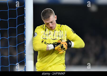 21st gennaio 2020, Goodison Park, Liverpool, Inghilterra; Premier League, Everton / Newcastle United : Jordan Pickford (1) di Everton regola i suoi guanti Foto Stock