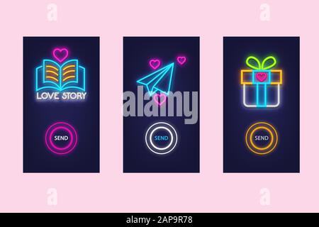 Ama il set di app mobili con icone a incandescenza al neon. Amore virtuale. Progettazione dell'interfaccia utente. Vettore. Illustrazione Vettoriale