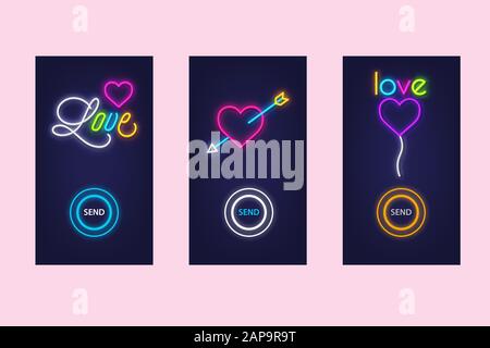 Ama il set di app mobili con icone a incandescenza al neon. Amore virtuale. Progettazione dell'interfaccia utente. Vettore. Illustrazione Vettoriale