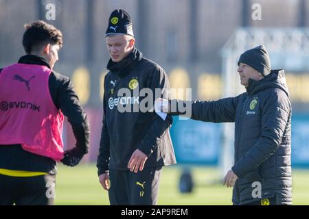 Leonardo BALERDI (a sinistra, DO) e Eerling HAALAND (a sinistra, DO) ricevono istruzioni da Lucien FAVRE (coach, DO), colloqui, colloqui, parla, parlando, mezza figura, mezza figura, calcio 1. Bundesliga, formazione, Borussia Dortmund (DO) il 21 gennaio 2020 a Dortmund/Germania. ¬ | utilizzo in tutto il mondo Foto Stock