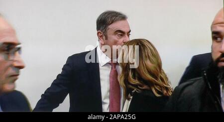 CARLOS GHOSN, CAPO DI NISSAN EX, DÀ UNA CONFERENZA STAMPA A BEIRUT, LIBANO Foto Stock