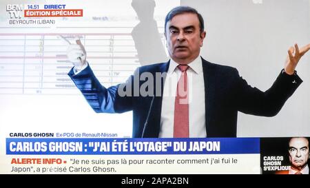 CARLOS GHOSN, CAPO DI NISSAN EX, DÀ UNA CONFERENZA STAMPA A BEIRUT, LIBANO Foto Stock