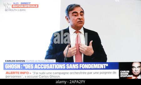 CARLOS GHOSN, CAPO DI NISSAN EX, DÀ UNA CONFERENZA STAMPA A BEIRUT, LIBANO Foto Stock