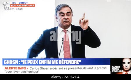 CARLOS GHOSN, CAPO DI NISSAN EX, DÀ UNA CONFERENZA STAMPA A BEIRUT, LIBANO Foto Stock