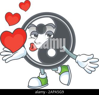 Divertente Faccia yin yang personaggio cartoon tenendo un cuore Illustrazione Vettoriale