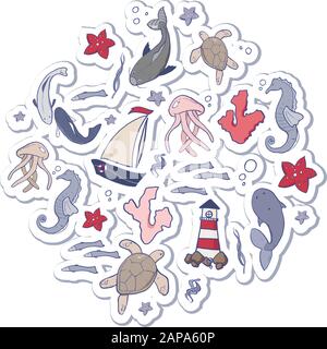 Illustrazione vettoriale degli animali marini e di altri. Bella tavolozza di colori del mare Illustrazione Vettoriale