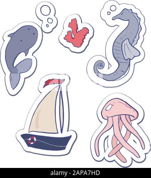 Illustrazione vettoriale degli animali marini e di altri. Bella tavolozza di colori del mare Illustrazione Vettoriale