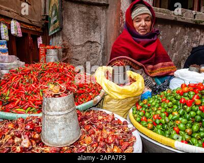 Mercato di strada in città, una donna sta vendendo fresco ed essiccato chilis Foto Stock