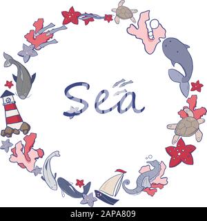 Illustrazione vettoriale degli animali marini e di altri. Bella tavolozza di colori del mare Illustrazione Vettoriale