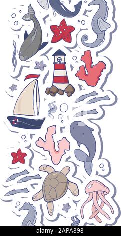 Illustrazione vettoriale degli animali marini e di altri. Bella tavolozza di colori del mare Illustrazione Vettoriale