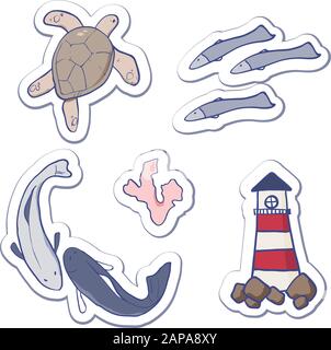 Illustrazione vettoriale degli animali marini e di altri. Faro, coralli, pesci, tartarughe. Adesivi per il mare. Illustrazione Vettoriale