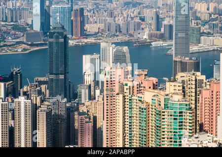 Paesaggio urbano di HongKong, l'antenna dello skyline di Hong Kong - Foto Stock