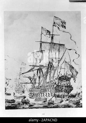 P [Portraits/Persons]/Anefo London Series Descrizione: Le sette Province, disegno a penna di W. v.d. Campi nel Rijksmuseum di Amsterdam, bandiera dell'Ammiraal de Ruyter Annotazione: Data di pronuncia: 1940-1945 Parole Chiave: Navi da guerra, ritratti, disegni Foto Stock