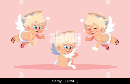 set di angeli carino cupido in diverse pose, valentines giorno disegno vettoriale illustrazione Illustrazione Vettoriale