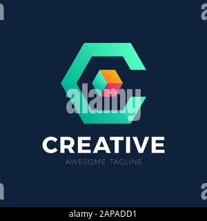 Logo lettera C. Logo creativo di una scatola o cubo stilizzato e colorato con ombra. Logo per società di sviluppo di tecnologie, nome dell'azienda che inizia wi Foto Stock