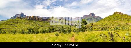 Panorama dell'Anfiteatro e sentiero escursionistico per Il Casco Del Poliziotto, montagne Drakensberg, Parco Nazionale reale Natal, Sud Africa Foto Stock