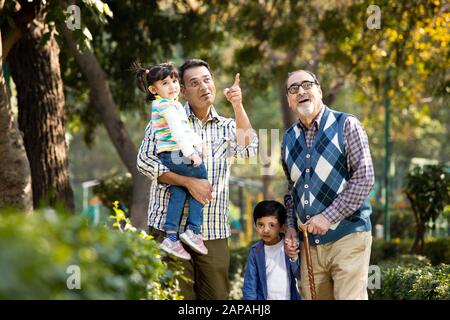 Felice famiglia indiana multi generazione al parco all'aperto Foto Stock