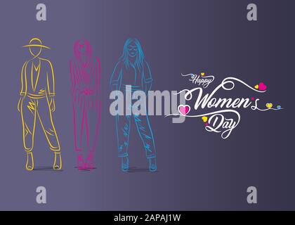 Felice giorno donna biglietto di auguri design, astratto donne disegno di schizzo Illustrazione Vettoriale